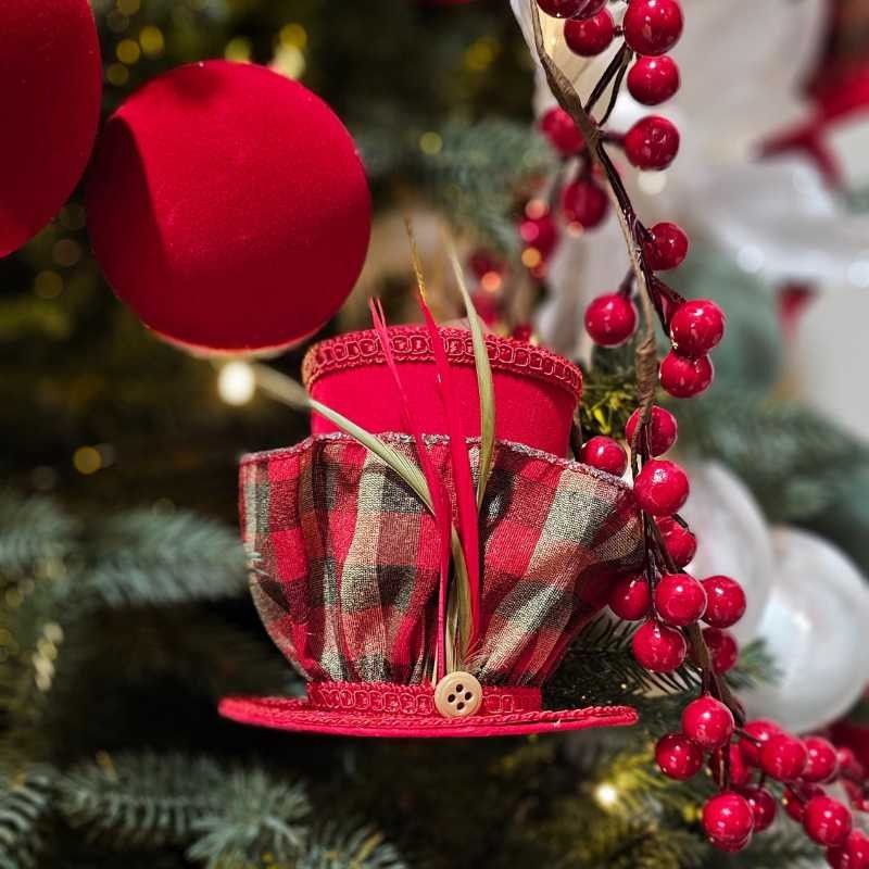 Cappello Natalizio da Appendere Rosso con Fantasia a Quadri H.10 cm