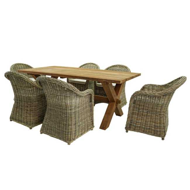 Set Tavolo e Sedie da Esterno in Teak e Rattan, 6 Persone - Leicester