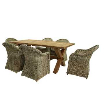 Set Tavolo e Sedie da Esterno in Teak e Rattan, 6 Persone - Leicester