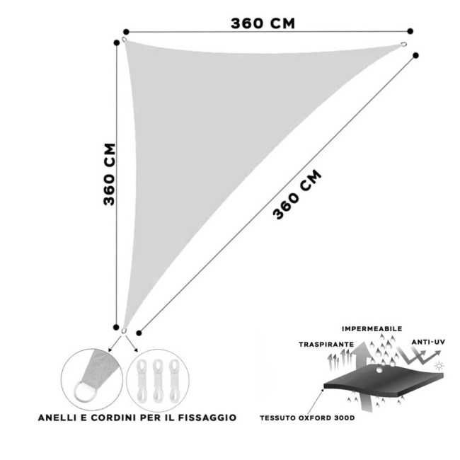 Vela Triangolare in Poliestere, Parasole Completo di Anelli 3.6 mt Bianco