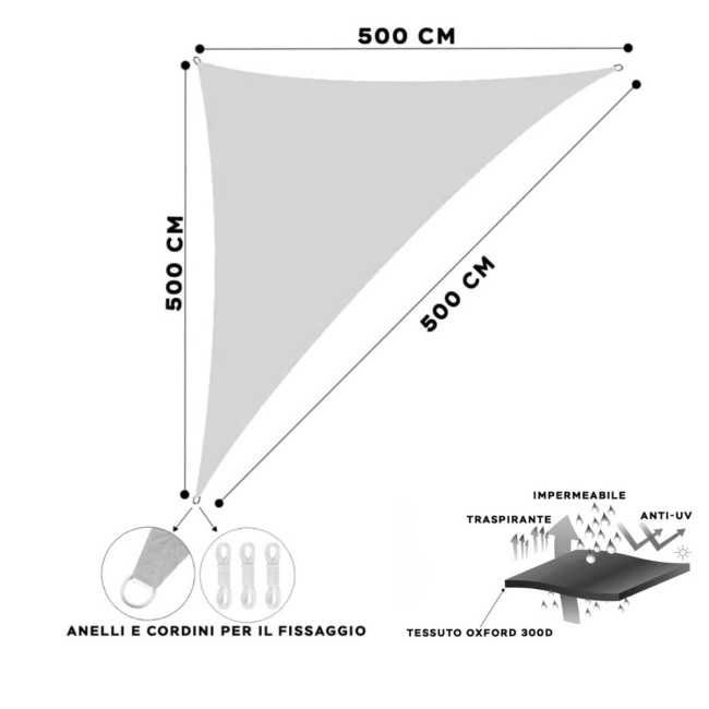 Vela Triangolare in Poliestere, Parasole Completo di Anelli 5 mt