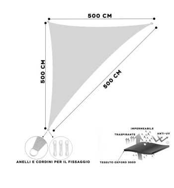 Vela Triangolare in Poliestere, Parasole Completo di Anelli 5 mt Vela Triangolare in Poliestere, Parasole Completo di Anelli 5 mt