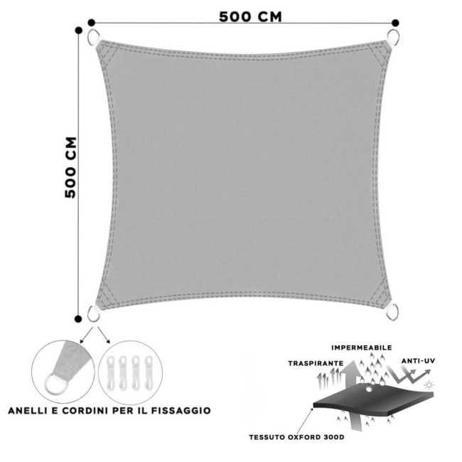 Vela Quadrata in Poliestere, Parasole Completo di Anelli 5 mt Tortora