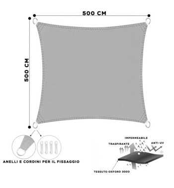 Vela Quadrata in Poliestere, Parasole Completo di Anelli 5 mt Tortora Vela Quadrata in Poliestere, Parasole Completo di Anelli 5 mt Tortora