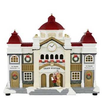 Stazione Ferroviaria Natalizia con Luci in Resina H.27 cm