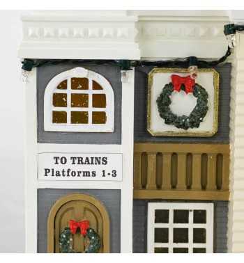 Stazione Ferroviaria Natalizia con Luci in Resina H.27 cm