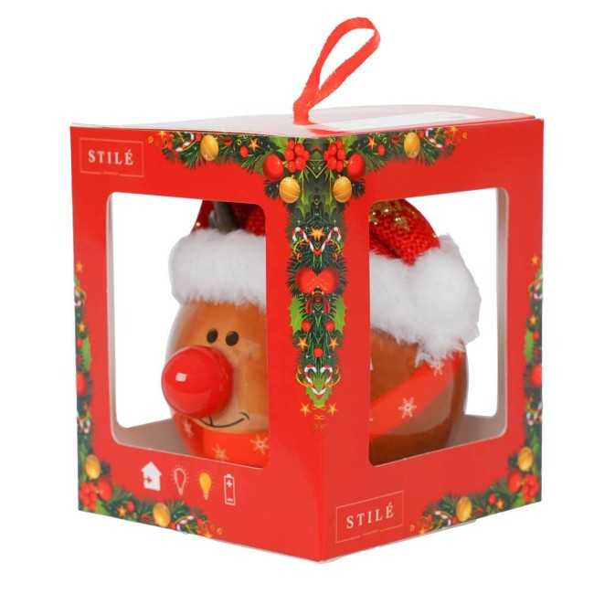 Pallina Natalizia Renna con Cappello e Led D.8 cm