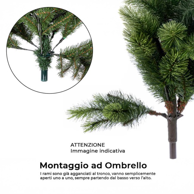 Albero di Natale Innevato con Pigne e Luci Led H.180/240 cm Apertura ad Ombrello - Montepigna