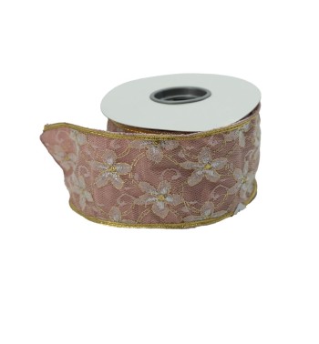 Nastro Natalizio Malva con Decorazione Floreale Oro