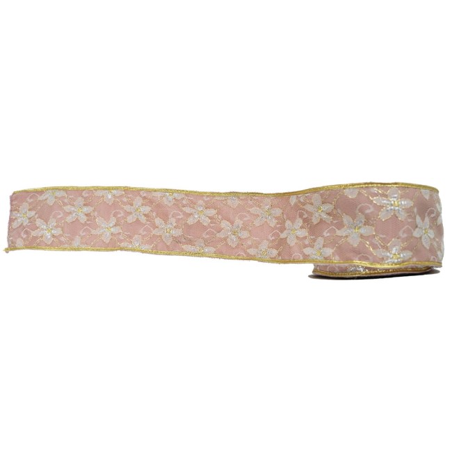Nastro Natalizio Malva con Decorazione Floreale Oro
