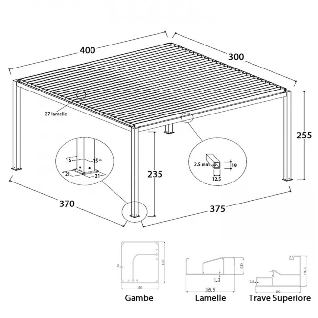Pergola Bioclimatica Autoportante Motorizzata, 3x4 m in Alluminio con Led - Casablanca