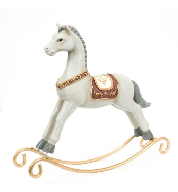 Cavallo a Dondolo Natalizio in Poliresina Bianco e Oro 2 Misure