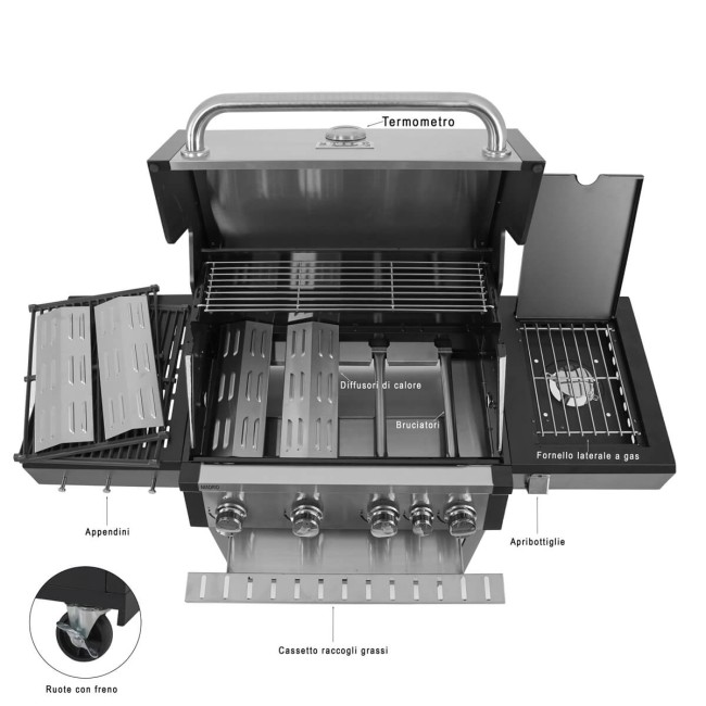 Barbecue a Gas 4 Fuochi con Fornello Laterale - Madrid