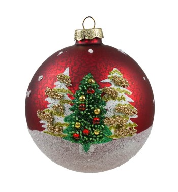 Palla Natalizia in Vetro D.10 cm con Alberi in Rilievo