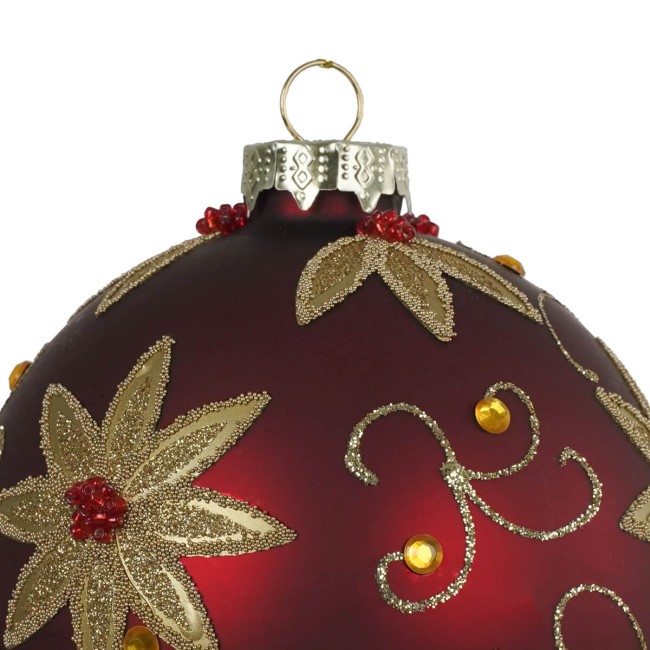 Pallina di Natale in Vetro Rosso con Fiori Dorati 2 Misure