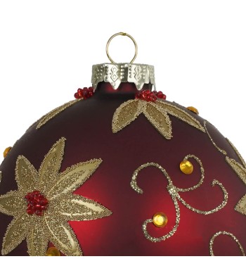 Pallina di Natale in Vetro Rosso con Fiori Dorati 2 Misure