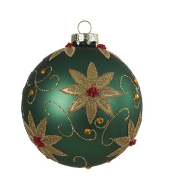 Pallina di Natale in Vetro Verde con Fiori Dorati 2 Misure