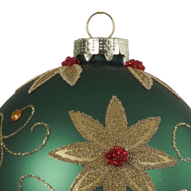 Pallina di Natale in Vetro Verde con Fiori Dorati 2 Misure