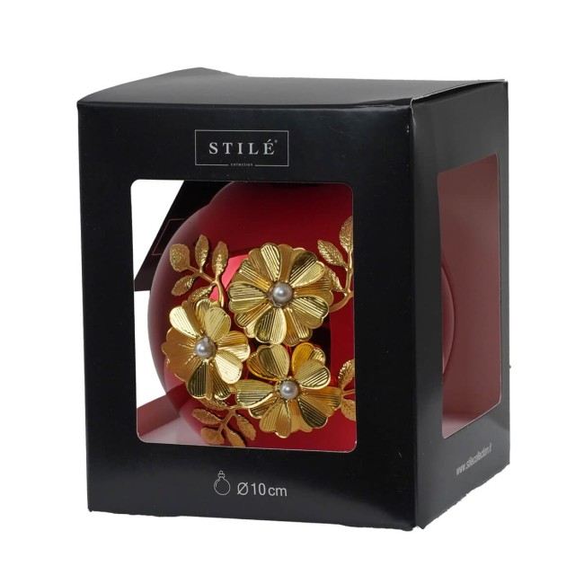 Pallina di Natale in Vetro Rosso con Fiori Dorati D.10 cm