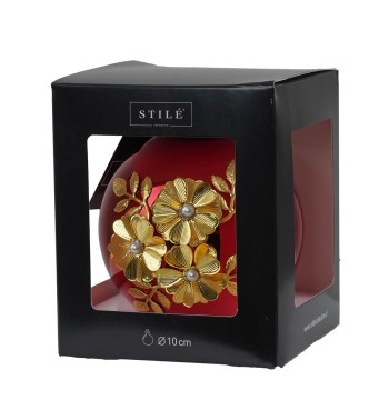 Pallina di Natale in Vetro Rosso con Fiori Dorati D.10 cm