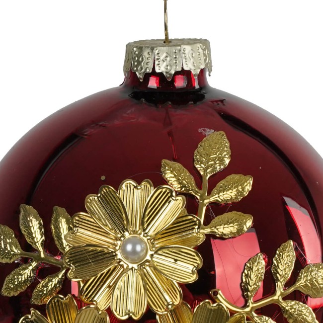 Pallina di Natale in Vetro Rosso con Fiori Dorati D.10 cm