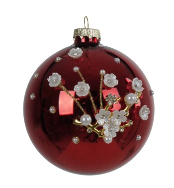 Pallina di Natale in Vetro Rosso con Fiori D.10 cm