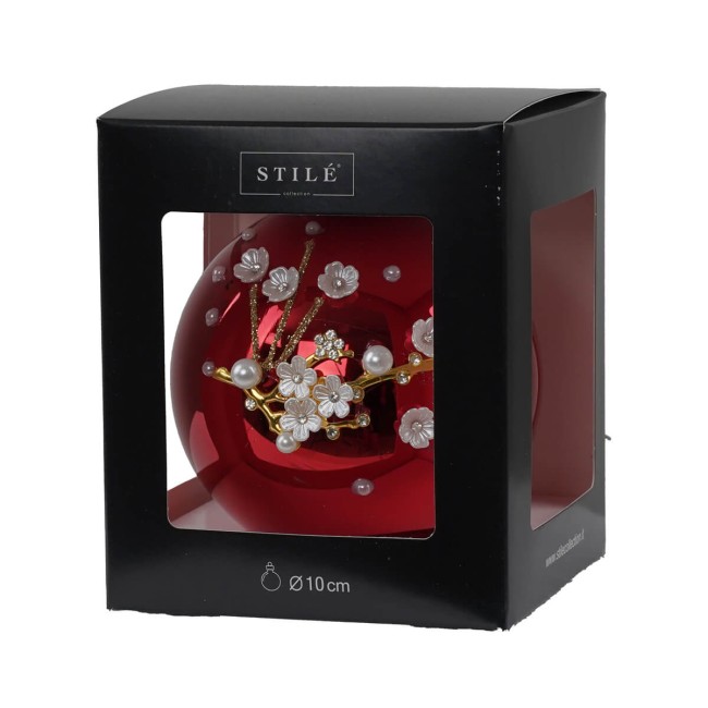 Pallina di Natale in Vetro Rosso con Fiori D.10 cm