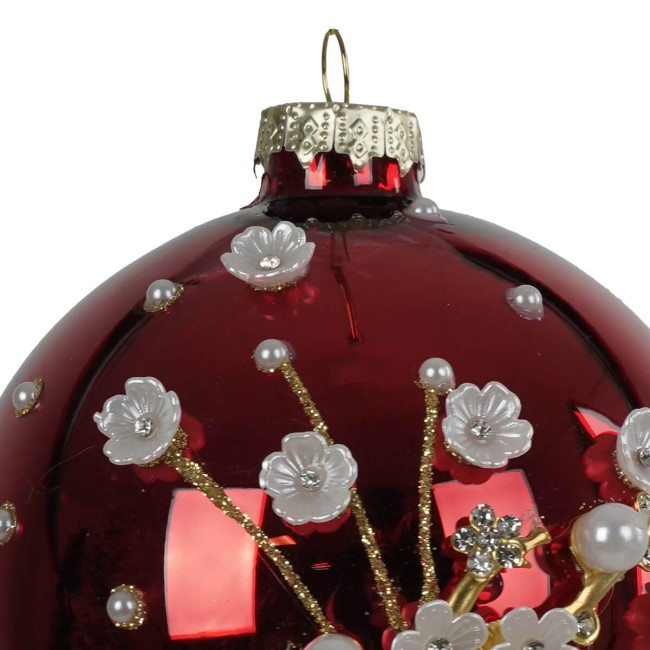 Pallina di Natale in Vetro Rosso con Fiori D.10 cm