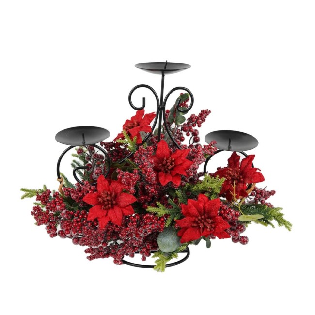 Candelabro con Bacche, Foglie e Stella di Natale H.50 cm