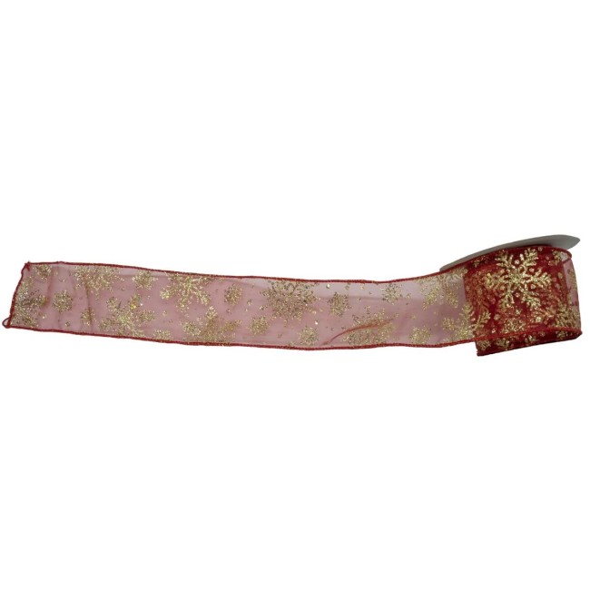Nastro Natalizio Rosso con fiocchi di Neve Oro 6 cm x 4 mt