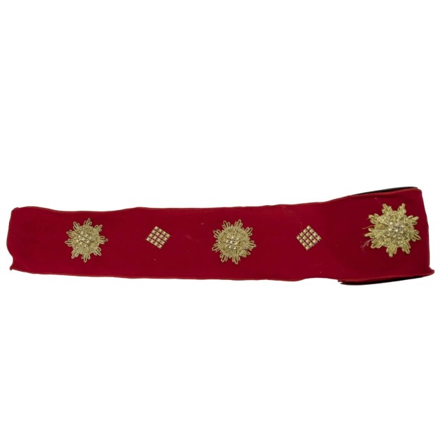 Nastro Natalizio in Velluto Rosso con Decoro Oro 10 cm x 5 m