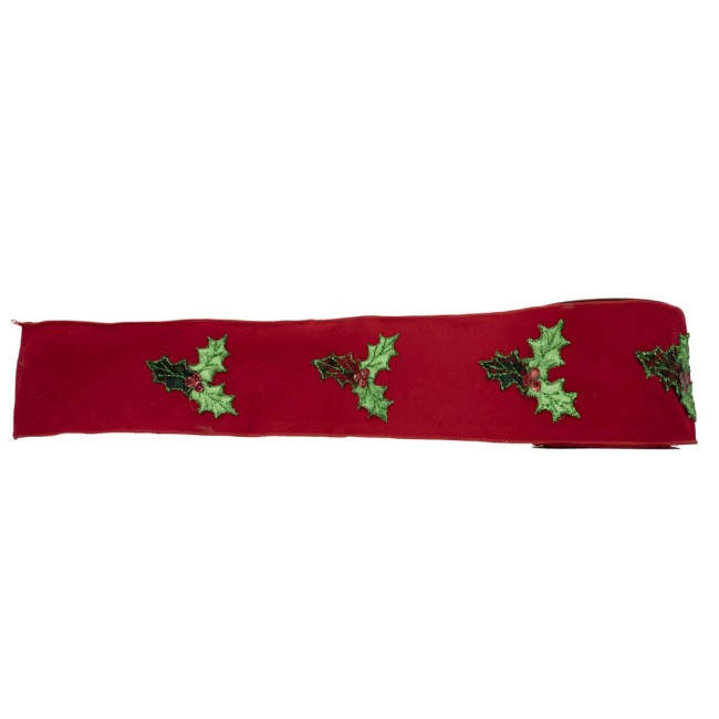Nastro Natalizio in Velluto con Agrifoglio 10 cm x 5 m